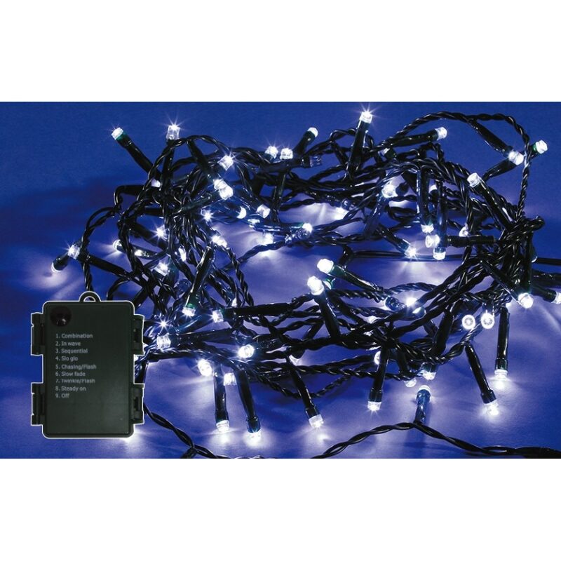 Instalatie brad Craciun, 60 LED-uri albe cu lumina rece, 5.9 m, controler, interior / exterior, alimentare baterii