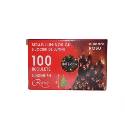 Instalatie de Craciun, sirag luminos cu 8 jocuri de lumini, 100 de beculete rosii, 5 m