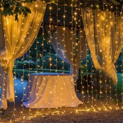 Perdea cu Lumini de Craciun EDAR, Lungime 3 m x Inaltime 3 m, Alb Cald, Fir Alb, 8 Moduri de Iluminare, Interconectabila, cu LED-uri Pentru Interior sau Exterior