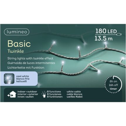 Instalatie luminoasa 180 LED Basic Lumineo, 1350 cm, lumina alb rece, cablu alb, protectie IP44, utilizare interior/exterior