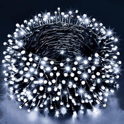 Instalatie Craciun Liniara, NEVERMORE, Interior/exterior, 8 jocuri de lumini, 20 m, 300 Led-uri, Alb rece