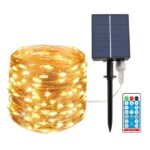 Instalatie solara exterior cu telecomanda, NEVERMORE, 30 m, 300 cob-uri, 8 jocuri de luminii, Impermeabil, Alb cald