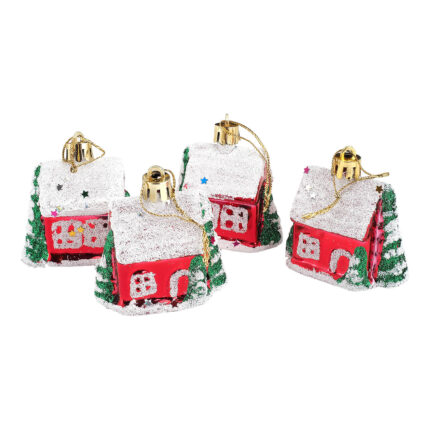 Set 4 globuri Holly, casuta cu stelute si braduti, 5 cm, multicolor