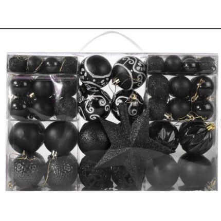 Globuri de Craciun, SDLOGAL, Set 101 de ornamente, Plastic, Diverse forme si dimensiuni, Negru