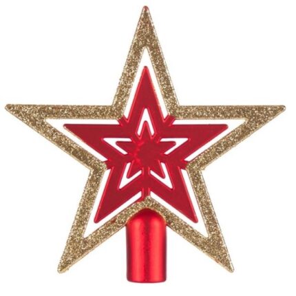 Varf pentru bradul de Craciun, stea cu sclipici, rosu/auriu, 16.5 cm