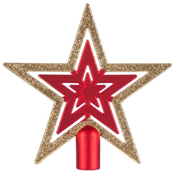 Varf pentru bradul de Craciun, stea cu sclipici, rosu/auriu, 16.5 cm