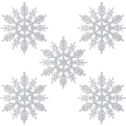 Set 5 decoratiuni, fulgi de nea, pentru bradul de Craciun, 10 cm, Argintiu