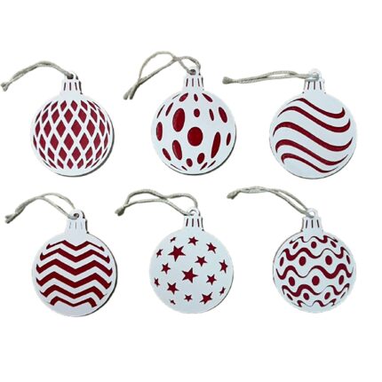 Set 6 ornamente brad Craciun, diametru 9 cm, alb / rosu, imprimate 3D, model 2026