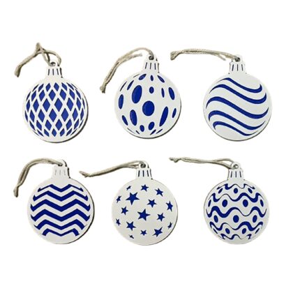 Set 6 ornamente brad Craciun, diametru 9 cm, alb / albastru, imprimate 3D, model 2027