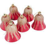 Set 6 globuri Holly, clopotei, 6 cm, rosu/auriu