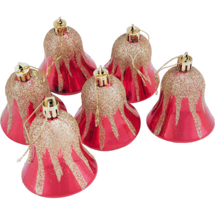 Set 6 globuri Holly, clopotei, 6 cm, rosu/auriu