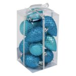 Set 12 globuri albastre turcoaz in forma de con brad de Craciun, DecorCasa, 8 cm