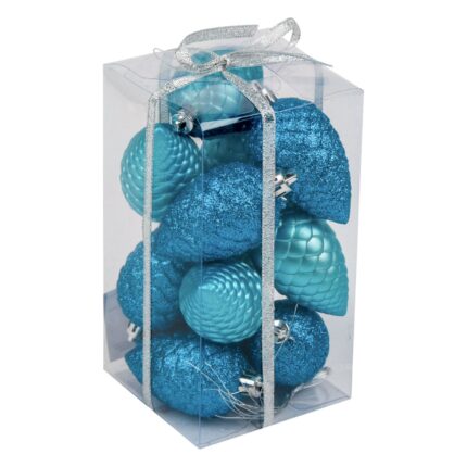 Set 12 globuri albastre turcoaz in forma de con brad de Craciun, DecorCasa, 8 cm