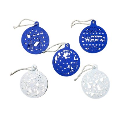 Set 5 ornamente brad Craciun, diametru 9 cm, alb / albastru, imprimate 3D, model 2033