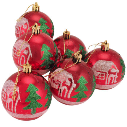 Set 6 globuri Holly, peisaj de iarna, 7 cm, rosu
