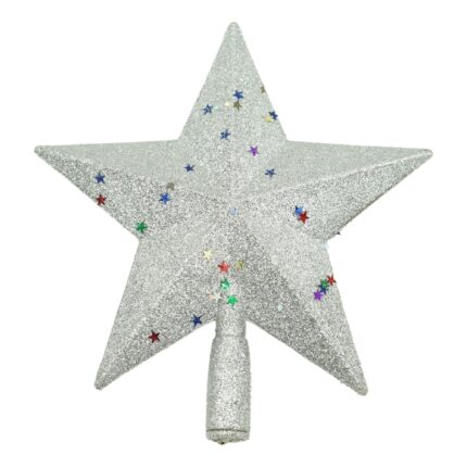Varf decorativ de brad, Argintiu, in forma de Stea, design cu paiete, din Plastic, 18 cm x 20 cm, Interior,Exterior, Flippy