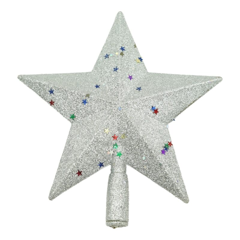 Varf decorativ de brad, Argintiu, in forma de Stea, design cu paiete, din Plastic, 18 cm x 20 cm, Interior,Exterior, Flippy