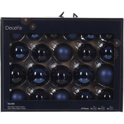 Set 21 globuri asortate Decoris, diametre 5-7 cm, sticla, finisaje diverse, bleumarin