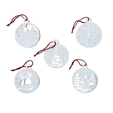 Set 5 ornamente brad Craciun, diametru 9 cm, alb, imprimate 3D, model 2035