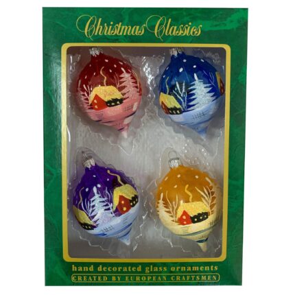 Set 4 globuri din sticla suflate si pictate manual, Argcoms, Fabrica lui Mos Craciun, Peisaj de iarna, Multicolore, 70 mm, Ovale