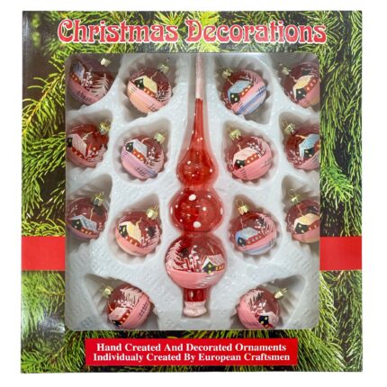 Set 15 globuri din sticla suflate si pictate manual, Argcoms, Fabrica lui Mos Craciun, Peisaj de iarna, Multicolore, Fond rosu, 40 mm, Sferice