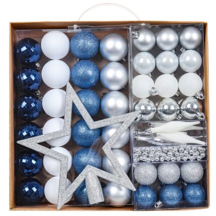 Set 50 de ornamente de brad Kring, diverse forme si dimensiuni, plastic, Albastru/Argintiu