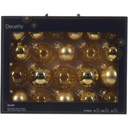 Set 21 globuri asortate Decoris, diametre 5-7 cm, sticla, finisaje diverse, auriu
