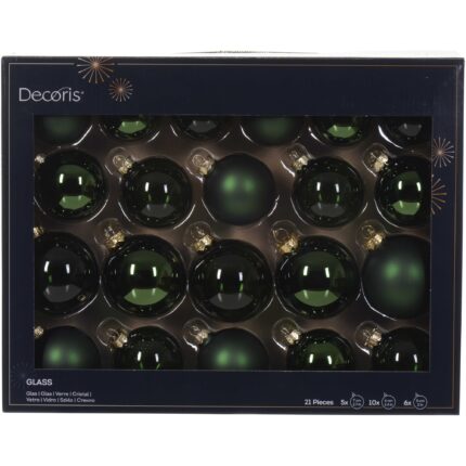 Set 21 globuri asortate Decoris, diametre 5-7 cm, sticla, finisaje diverse, verde inchis