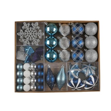 Set 74 de ornamente brad Kring, diverse forme si dimensiuni, Albastru/Argintiu