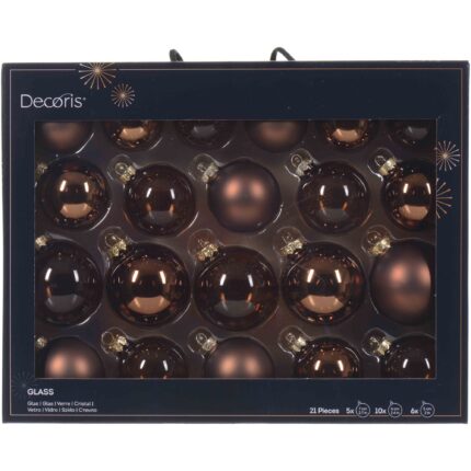 Set 21 globuri asortate Decoris, diametre 5-7 cm, sticla, finisaje diverse, maro