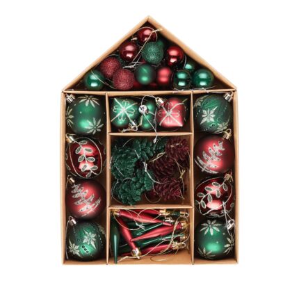 Set 70 de ornamente brad Kring, diverse forme si dimensiuni, Verde/Rosu