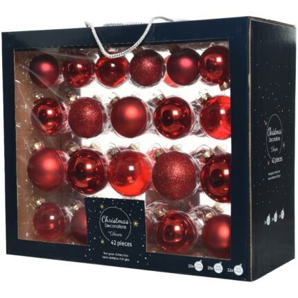 Set 42 globuri Craciun Decoris, sticla, dimensiuni asortate, rosu