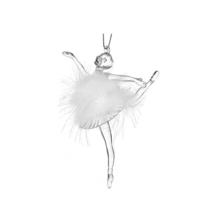 Set 4 ornamente pentru bradul de Craciun, balerina cu rochie din pene albe, 13 cm