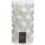 Set 37 globuri Craciun Decoris, diametru glob 6 cm, plastic, finisaje diverse, alb-iridescent