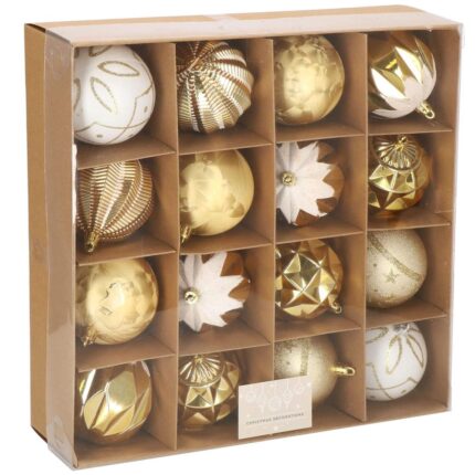 Set globuri de Craciun, 16 bucati, 8cm, 6 modele, auriu