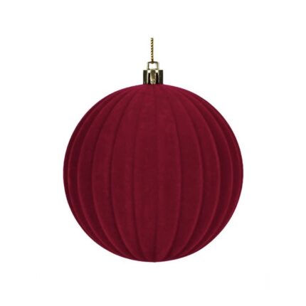 Set 6 globuri pentru bradul de Craciun, catifea visinie, dungi reliefate, 10 cm
