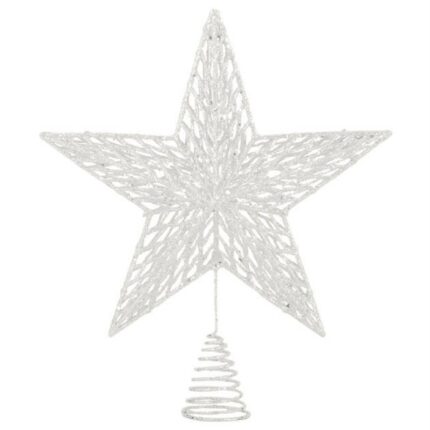 Varf pentru bradul de Craciun, stea cu sclipici, alb, 24 cm
