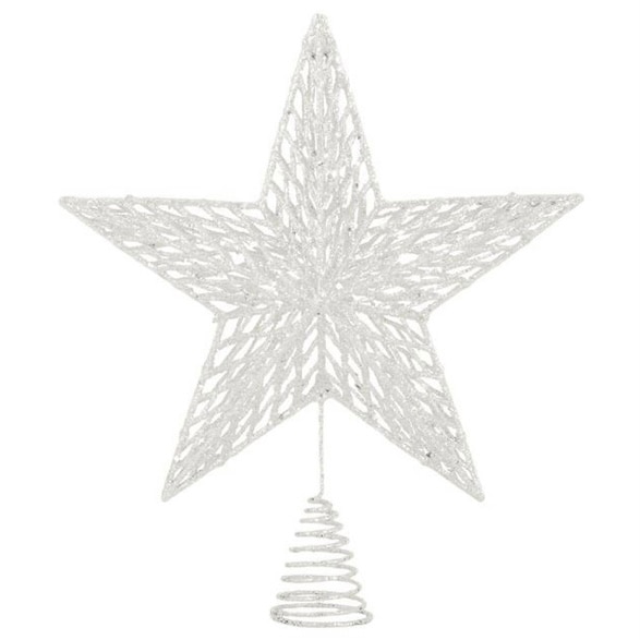 Varf pentru bradul de Craciun, stea cu sclipici, alb, 24 cm