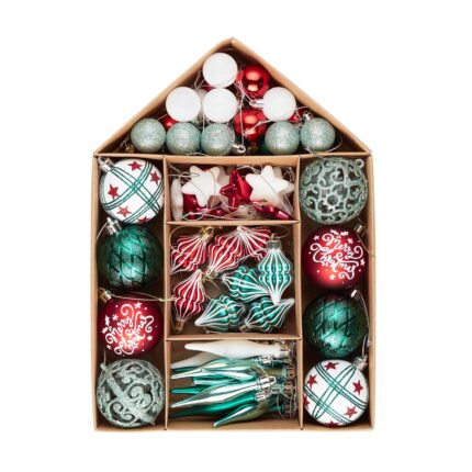 Set 70 de ornamente brad Kring, diverse forme si dimensiuni, Verde menta/Alb