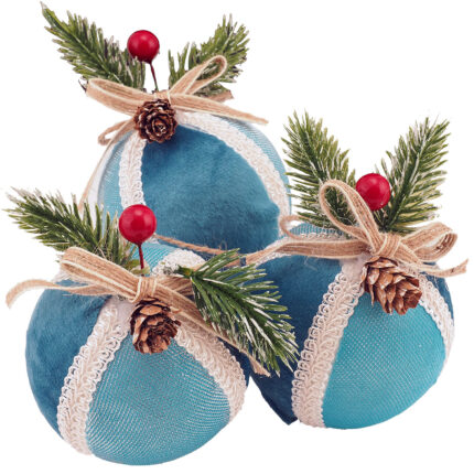 Set 3 globuri Holly, cu crenguta de brad si conuri, 8cm, dark blue