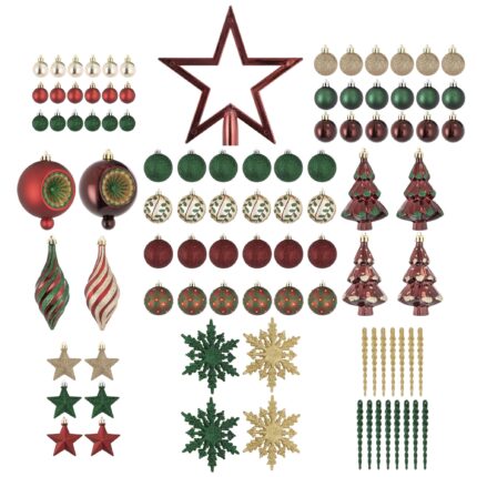 Set 92 de ornamente brad Kring, diverse forme si dimensiuni, Verde/Rosu/Auriu