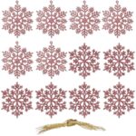 Set 12 decoratiuni pentru brad tip fulg de zapada, 10 cm, cu snur, roz