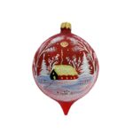 Glob clasic din sticla suflata si pictata manual, Argcoms, Personalizabil, Flori de gheata, Casa padurarului, Multicolor, Fond rosu, 80 mm, Oval