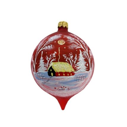 Glob clasic din sticla suflata si pictata manual, Argcoms, Personalizabil, Flori de gheata, Casa padurarului, Multicolor, Fond rosu, 80 mm, Oval