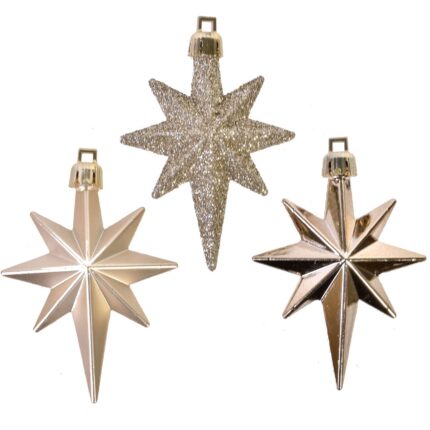 Set 16 globuri in forma de stele de Craciun culoare auriu sampanie, DecorCasa, 8 cm