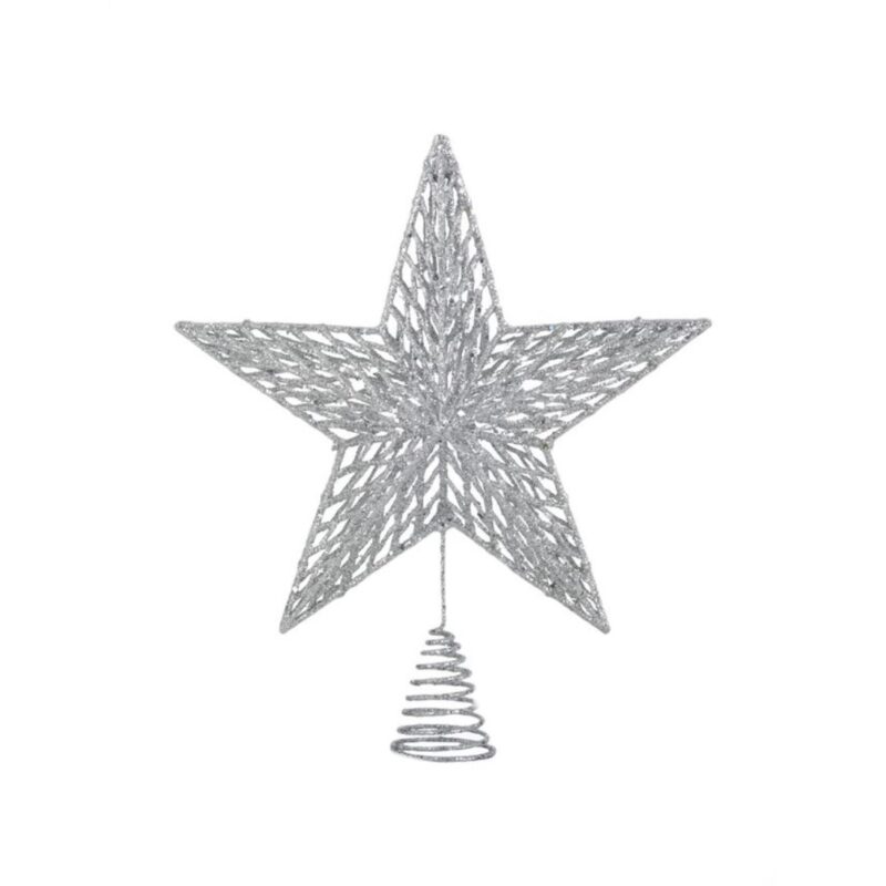 Varf pentru bradul de Craciun, stea cu sclipici argintiu si model perforat, 33 cm