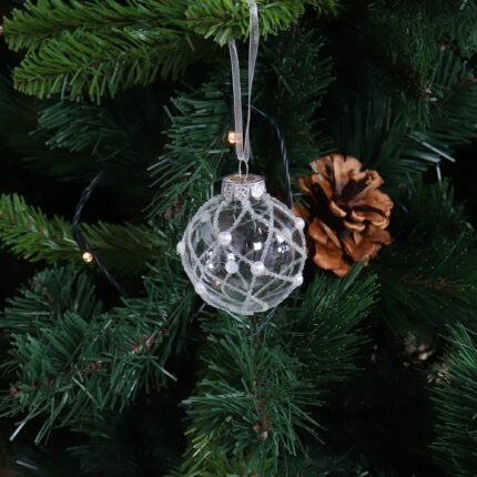 Set 6 globuri de Craciun Antbro® transparente decorate cu glitter argintiu si margele albe, 6cm