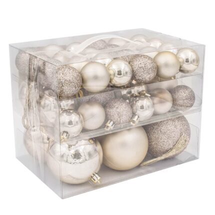 Set Globuri de Craciun Bej, Mat Stralucitoare Glitter 4-6-8cm - 44buc