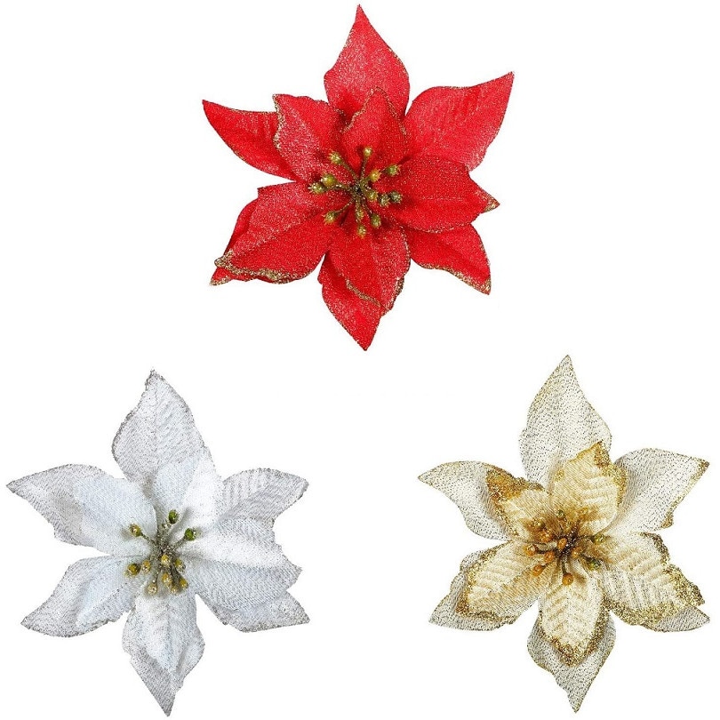 res_91ad40cc5945022b0439c9b0f22b4d5e Set de 30 de flori artificiale cu sclipici de Craciun, decoratiuni de Craciun, ornamente de copac (10buc rosu, 10buc auriu, 10buc argint)