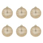 Set 6 globulete pentru bradul de Craciun Shopiens® Sampanie mate cu dungi glitter, 10 cm